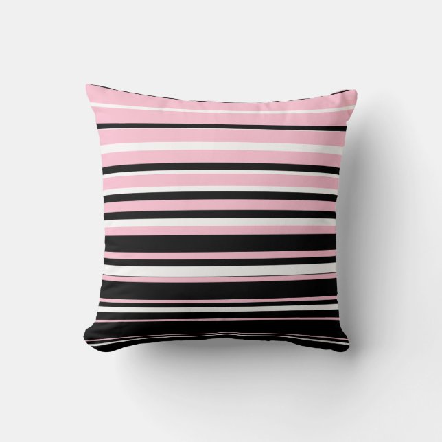 Modern Pink, Black and White Stripes Throw Pillow (Front)