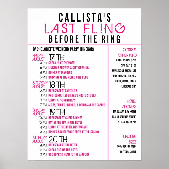 Modern Pink Black Bachelorette Party Itinerary Poster (Front)