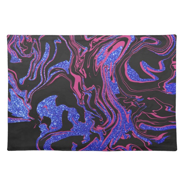 Modern Pink Black Blue Glitter Marble Pattern Cloth Placemat (Front)