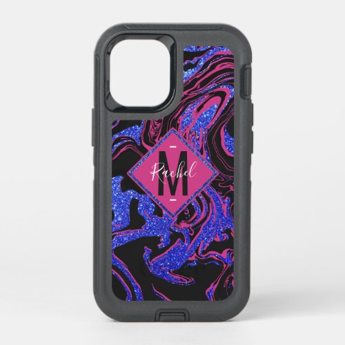 Modern Pink Black Blue Glitter Marble Pattern OtterBox Defender iPhone 12 Mini Case