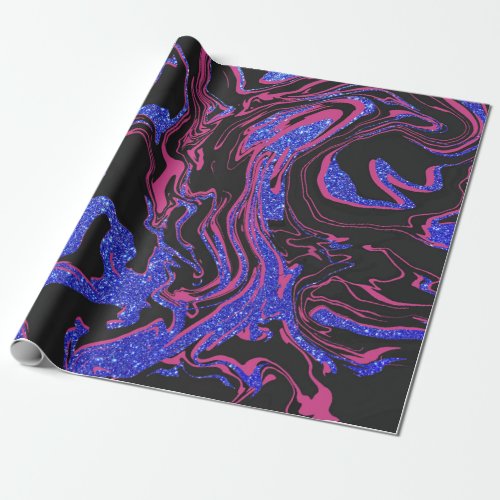 Modern Pink Black Blue Glitter Marble Pattern Wrapping Paper