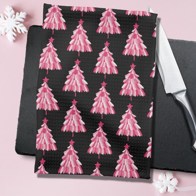 Modern Pink Black Christmas Tree Pattern Kitchen Towel (Black and pink christmas tree woodland Christmas kitchen tea towel.)