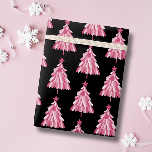 Modern Pink Black Christmas Tree Pattern Wrapping Paper