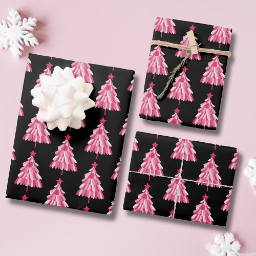 Modern Pink Black Christmas Tree Pattern Wrapping Paper Sheets
