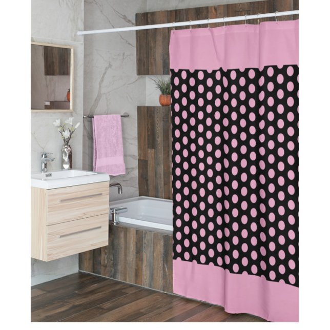 Modern Pink Black Dots Shower Curtain (Creator Uploaded)