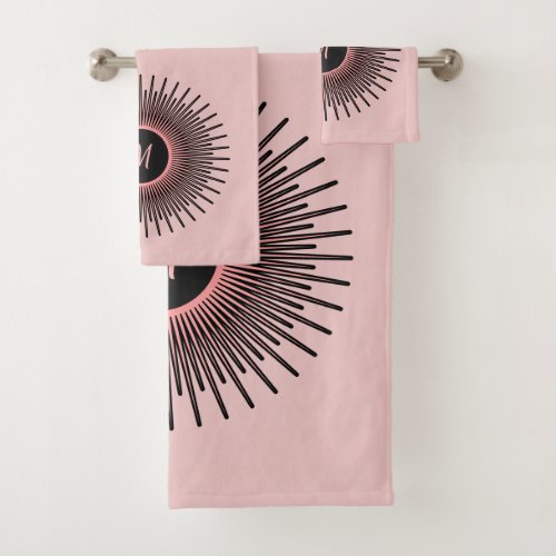 Modern Pink Black Elegant Monogrammed Bath Towel Set