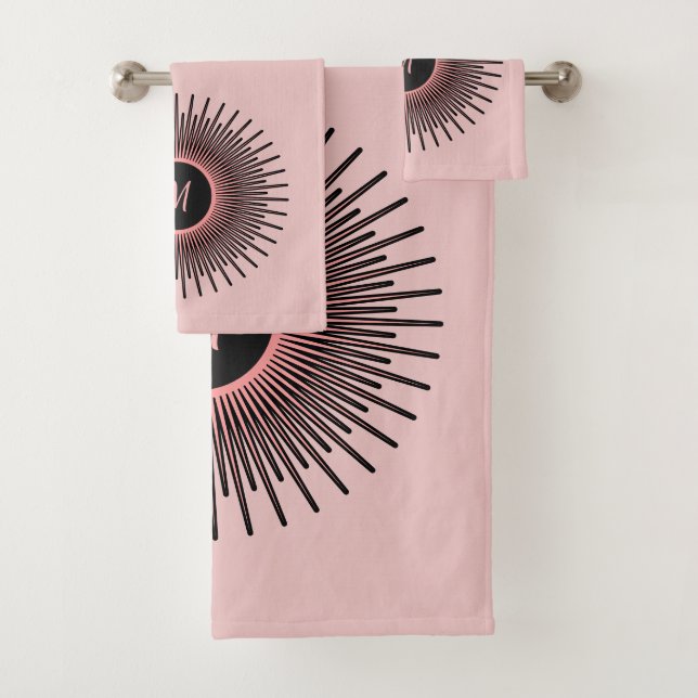 Modern Pink Black Elegant Monogrammed Bath Towel Set (Insitu)