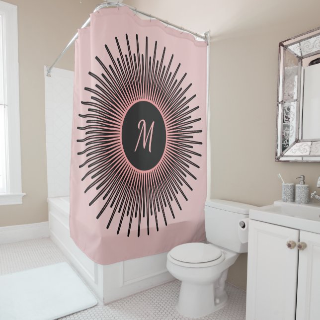 Modern Pink Black Elegant Monogrammed Shower Curtain (In Situ)