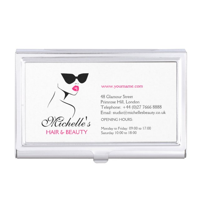 Modern Pink Black Fashion Girl with Eyeglasses Business Card Holder (Front)