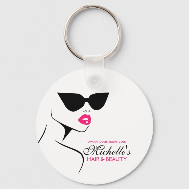 Modern Pink Black Fashion Girl with Eyeglasses Keychain (Front)