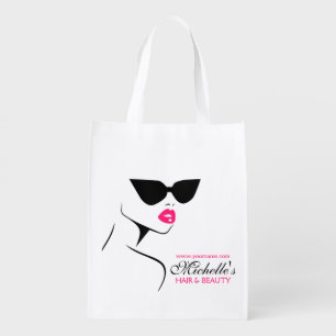 Modern Pink Black Fashion Girl with Eyeglasses Reusable Grocery Bag