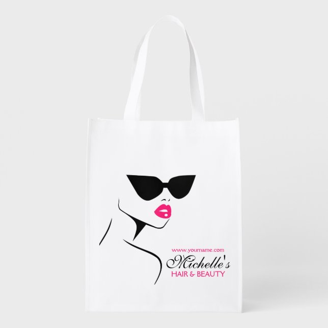 Modern Pink Black Fashion Girl with Eyeglasses Reusable Grocery Bag (Back)