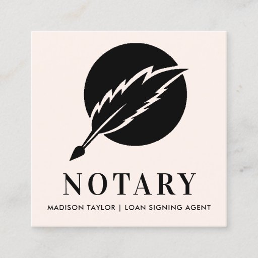 Customizable Modern Pink Black Feather Quill Nib Public Notary Square Business Card