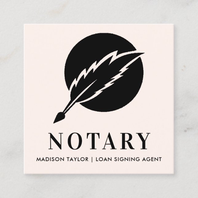 Modern Pink Black Feather Quill Nib Public Notary Square Business Card (Front)