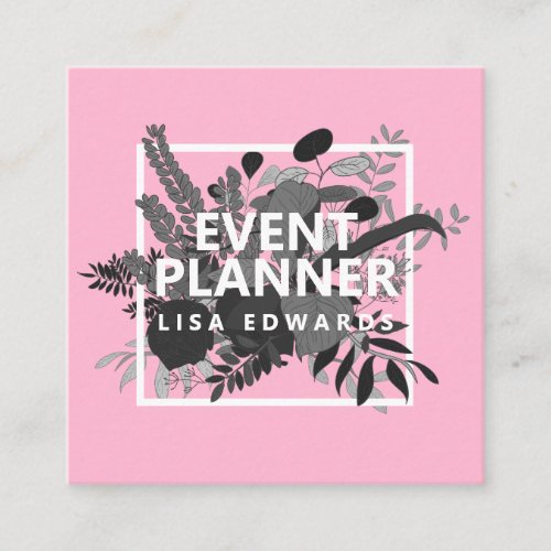 Modern pink black floral illustration minimalist square business card