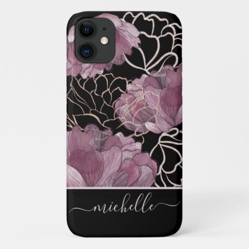 Modern Pink  Black Floral Pattern Monogrammed iPhone 11 Case