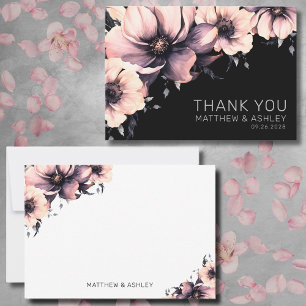 Modern Pink Black Floral Wedding Thank You Card