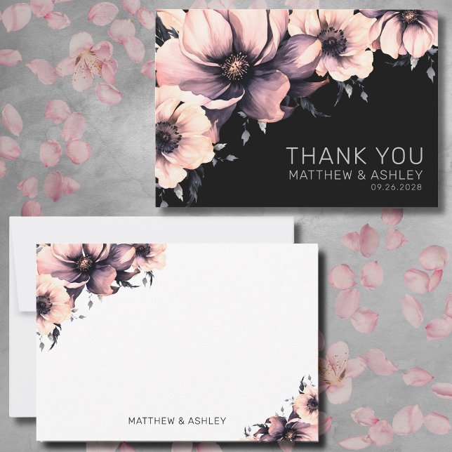 Modern Pink Black Floral Wedding Thank You Card (Elegant Modern Pink Black Floral Wedding Thank You Card)