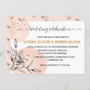 Modern Pink & Black Flower Gold Dots Wedding Invitation