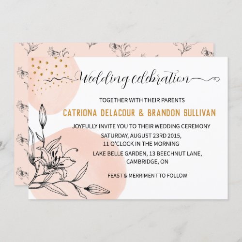 Modern Pink  Black Flower Gold Dots Wedding Invitation