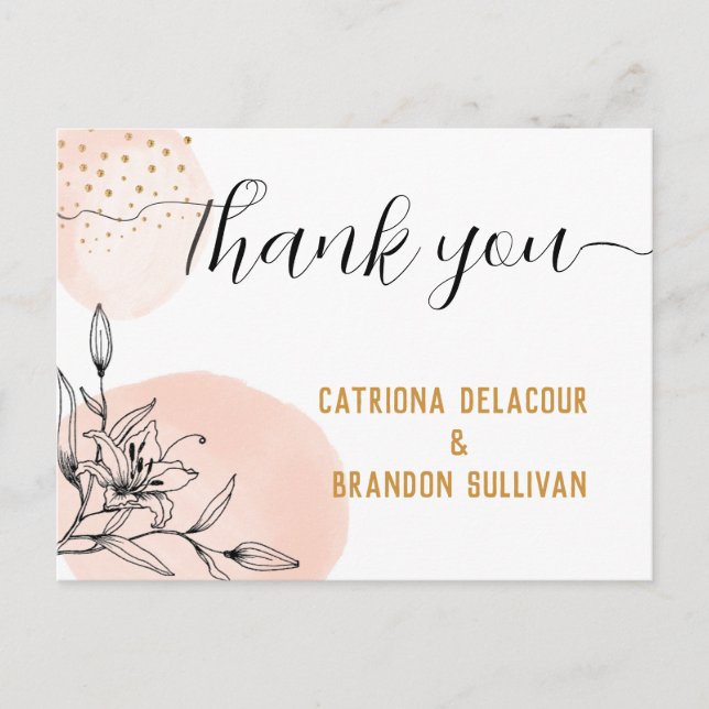 Modern Pink & Black Flower Gold Dots Wedding Postcard (Front)