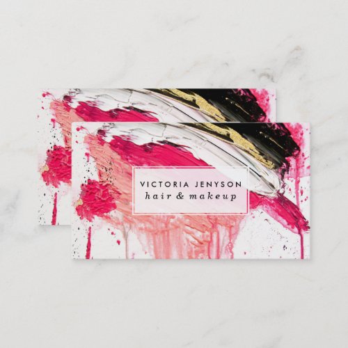 Modern pink black gold brushstrokes splatters business card