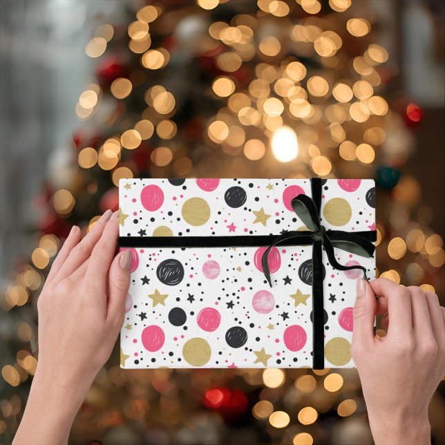Modern Pink Black Gold Christmas Wrapping Paper (Creator Uploaded)