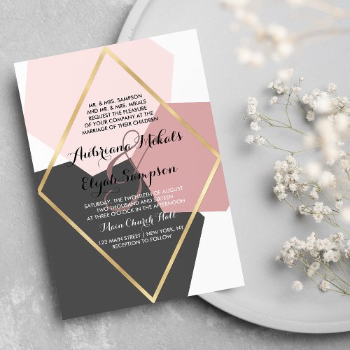 Modern Pink Black Gold Hexagon Geometric Wedding Invitation