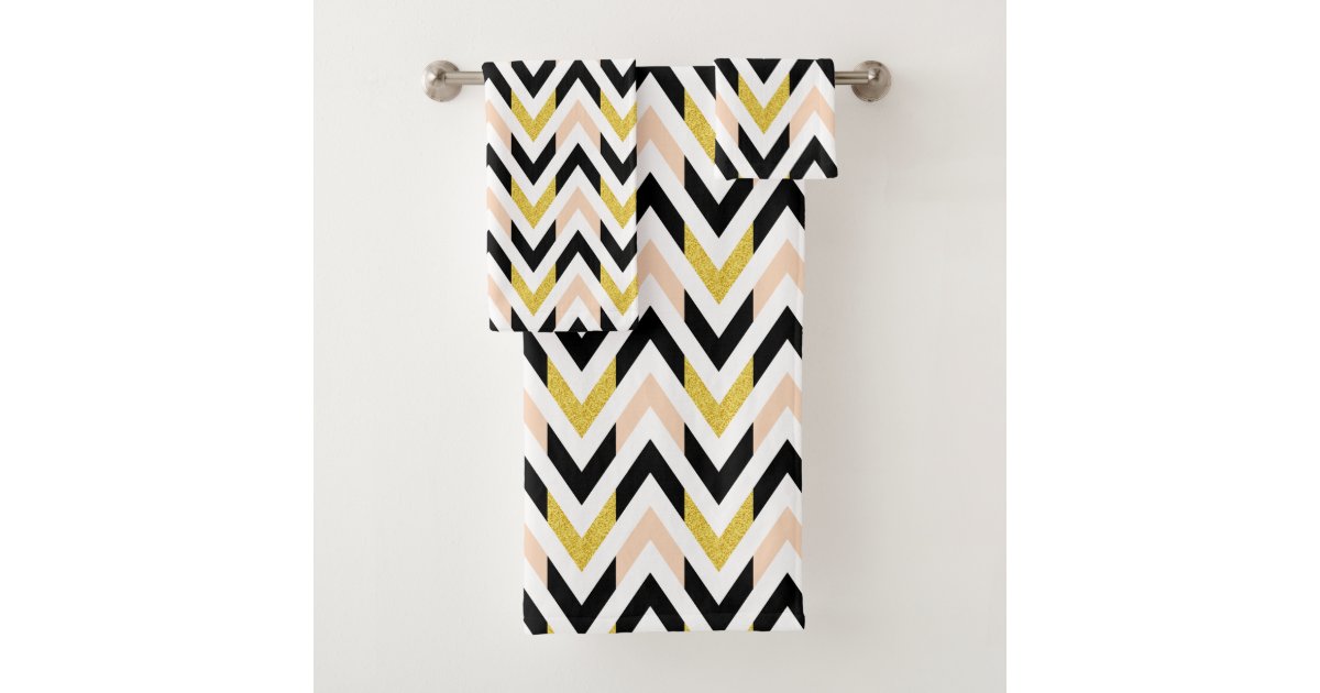 Modern Pink Black Gold White Chevron Pattern Bath Towel Set