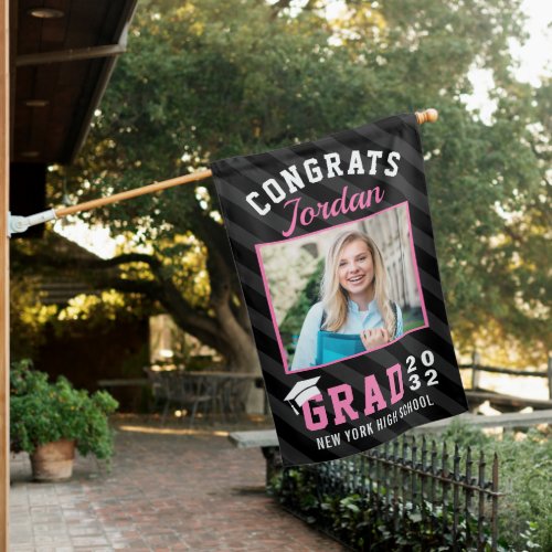 Modern Pink Black Graduation Class of 2024 PHOTO House Flag