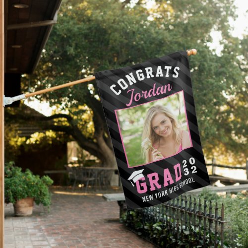 Modern Pink Black Graduation Class of 2024 PHOTO House Flag