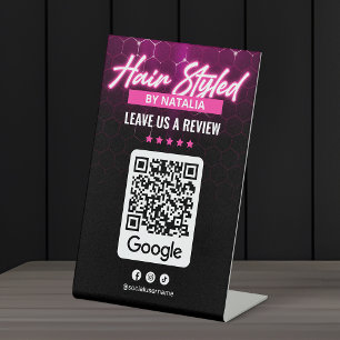 Modern Pink Black Hair Salon Google Review QR Code Pedestal Sign