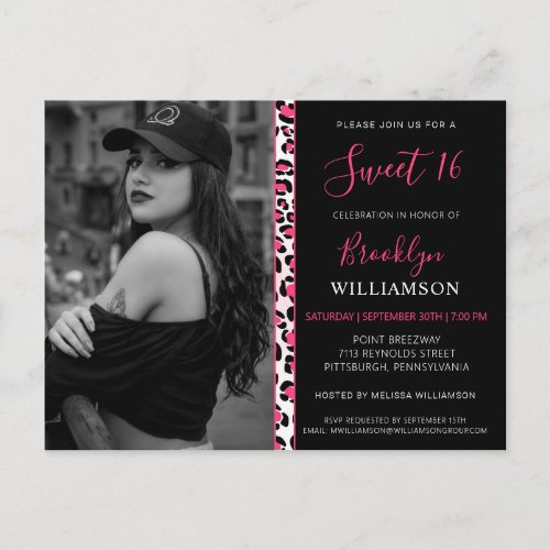 Modern PinkBlack Leopard Photo Sweet16 Invitation Postcard