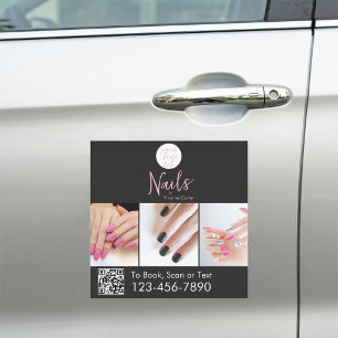 Modern Pink Black Logo QR Code Photo Nail Salon Car Magnet