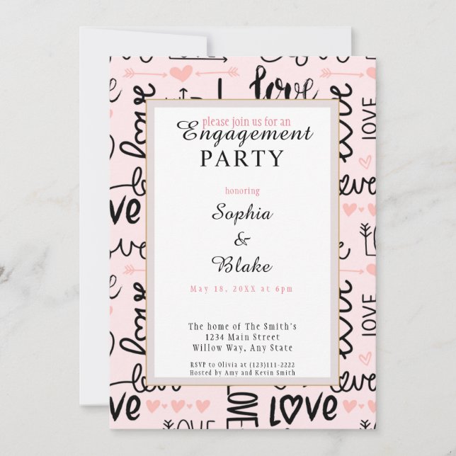 Modern Pink & Black Love Engagement Party  Invitation (Front)