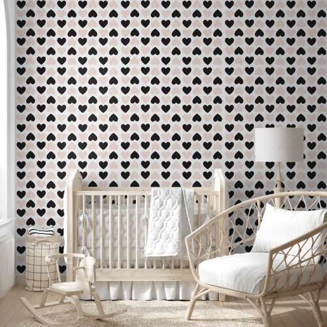 Modern Pink Black Love Hearts Pattern Nursery  Wallpaper (Kids)