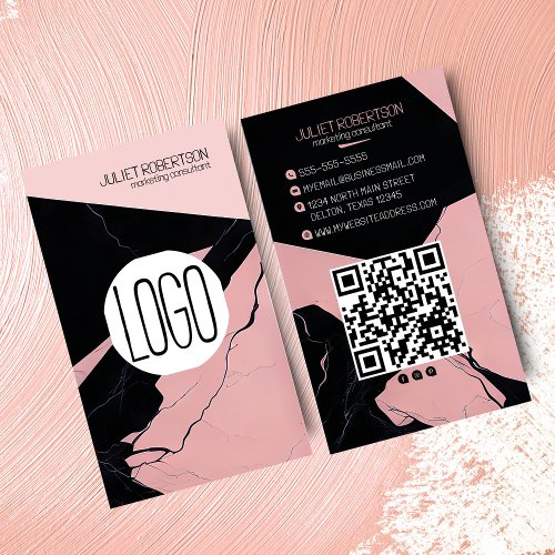 Modern Pink Black Marble Logo Social Media QR Business Card