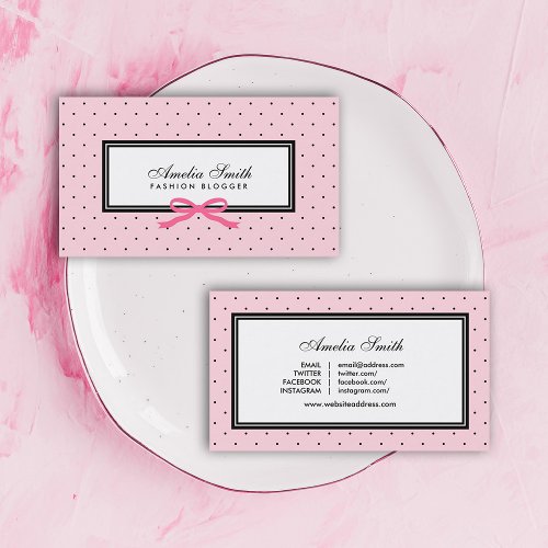 Modern Pink Black Polka Dot Pink Ribbon Blogger Business Card