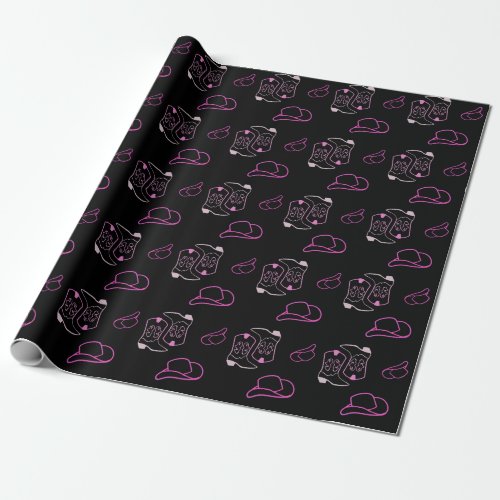 Modern Pink  Black Rancher Cowboy Hat Boots Wrapping Paper