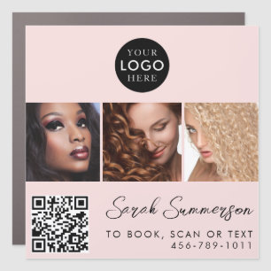Modern Pink Black Script QR Code Hair Stylist Car Magnet
