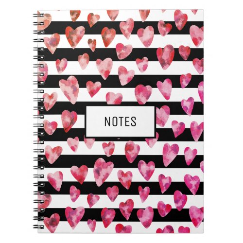 Modern Pink Black Striped Love Heart Personalized Notebook