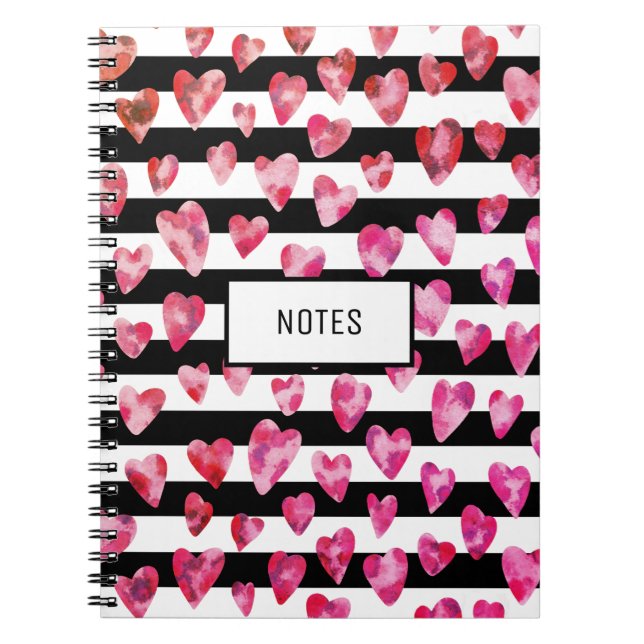 Modern Pink Black Striped Love Heart Personalized Notebook (Front)