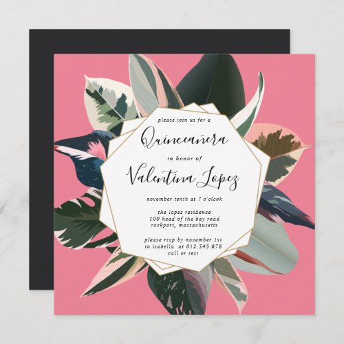 Modern Pink Black Tropical Quinceanera Invitation