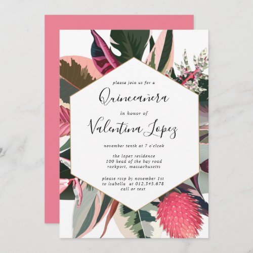 Modern Pink Black Tropical Quinceanera Invitation