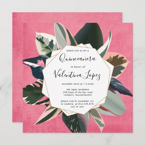 Modern Pink Black Tropical Quinceanera Invitation