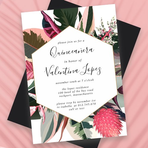 Modern Pink Black Tropical Quinceanera Invitation