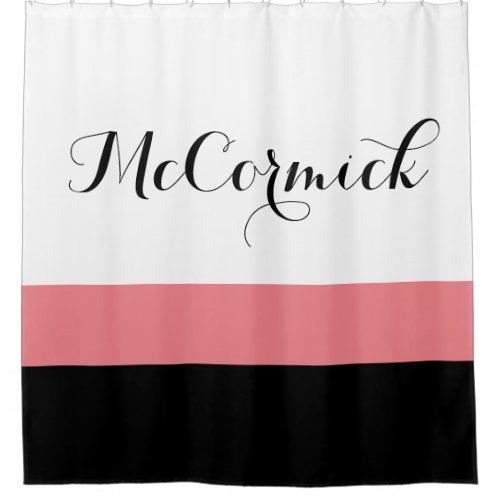 Modern Pink Black White Stripes Family Monogram Shower Curtain