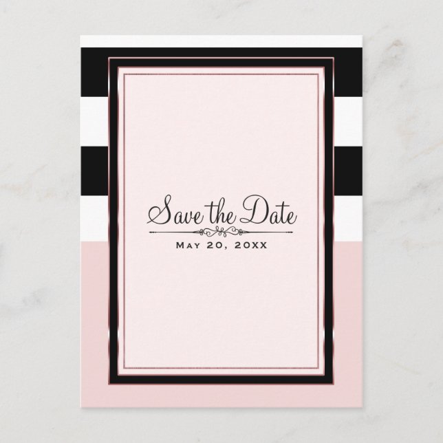 Modern Pink Black & White Stripes Save the Date Announcement Postcard (Front)