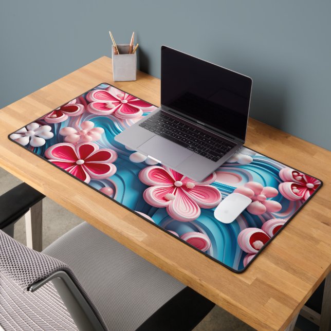 Modern Pink Blue 3D Floral Swirl Pattern Desk Mat (Office 2)