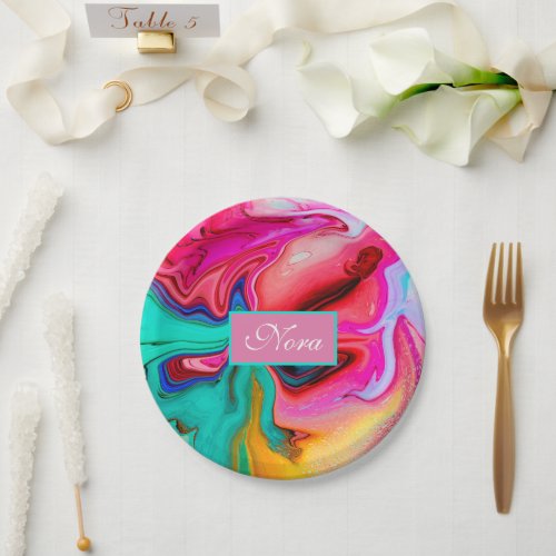 Modern Pink Blue Abstract Watercolor Personalize Paper Plates
